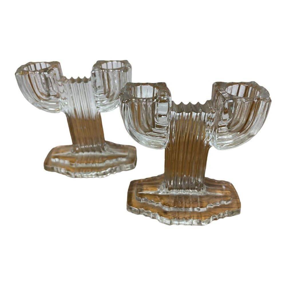 Vintage Anchor Hocking Queen Mary Clear Cactus Art Deco Candleholder SET of 2